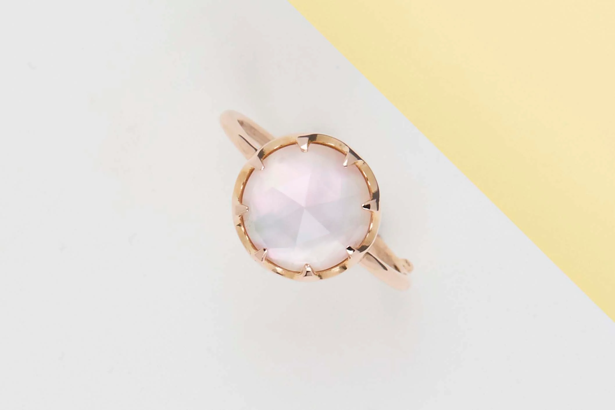 Rose Gold Ring - Pink Quartz and Mother of Pearl - Size 54